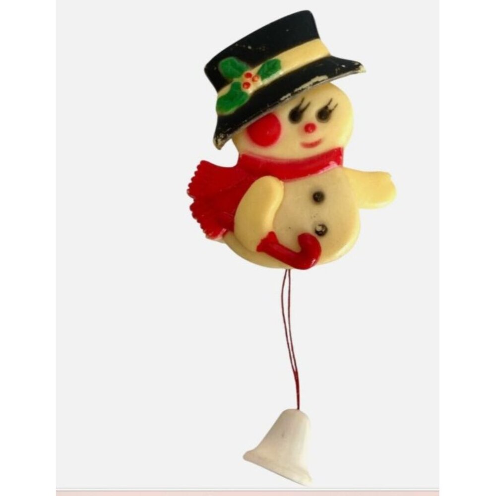 Vintage 1960s Hong Kong Plastic Snowman Brooch with String Bell Pull Retro 60s